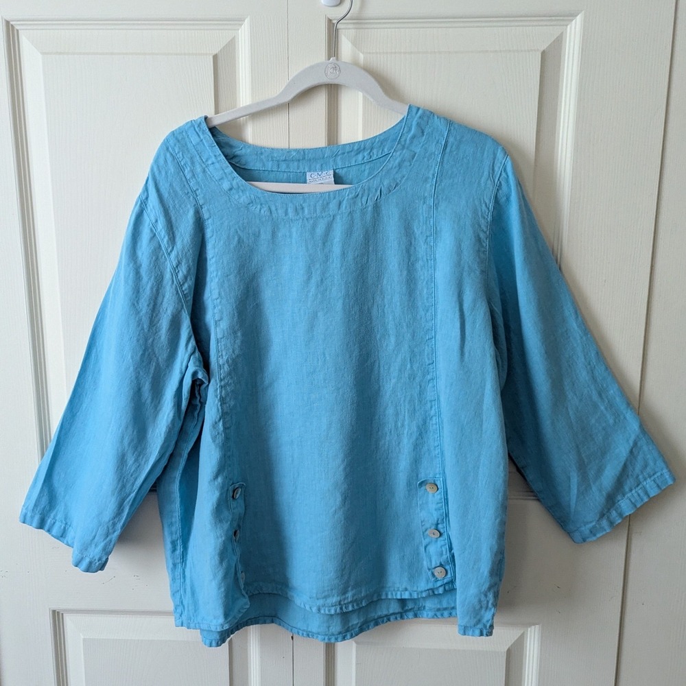 CMC Color Me Cotton Blouse Womens Sz XL Blue 100% Linen 3/4 Sleeve Lagenlook Top